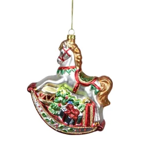 5" White and Red Traditional Rocking Horse with Gifts Christmas Ornament