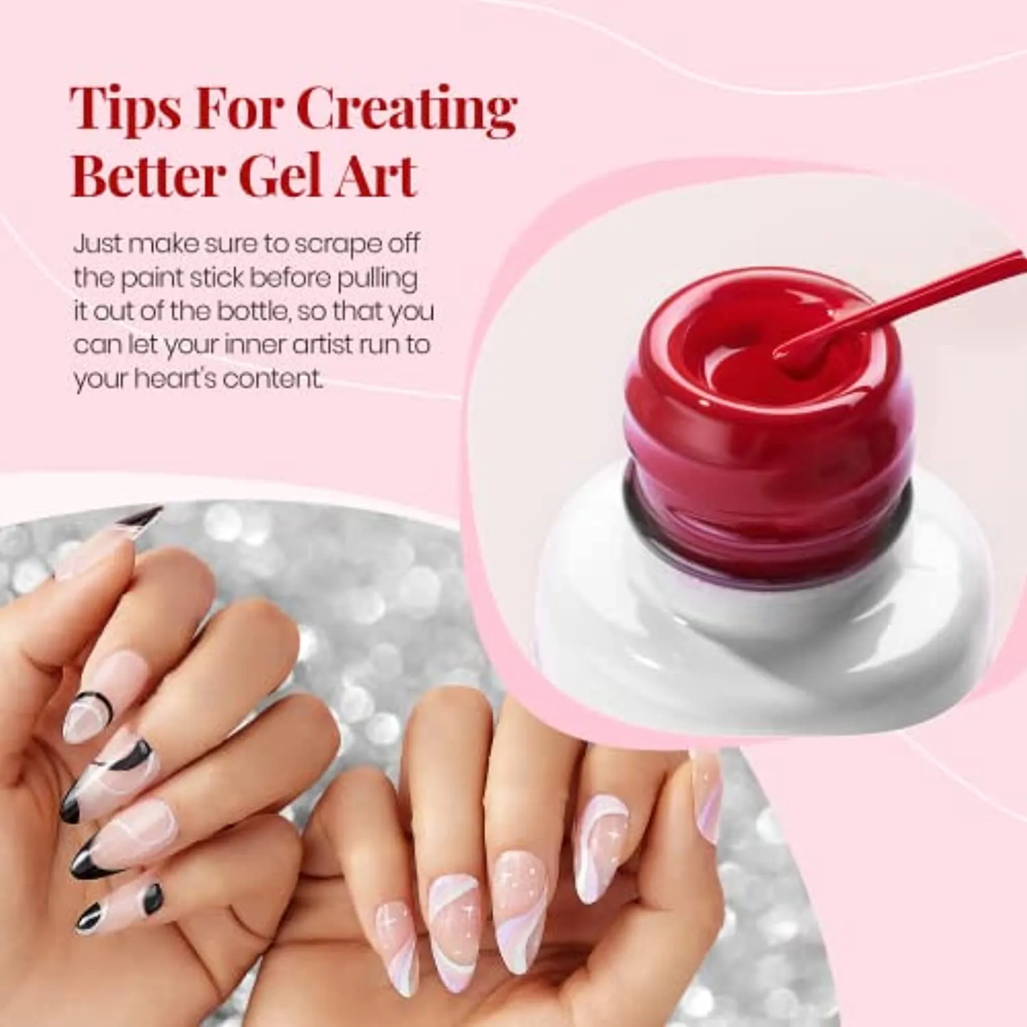 Beetles Gel Polish Nail Art Gel Liner Set-6 Popular Black White Red Colors Gel Art Paint for Swirl Nails Built Thin Nail Art Brush in Bottle Gel Pens Soak off Gold Silver Glitters Nail Art Gel