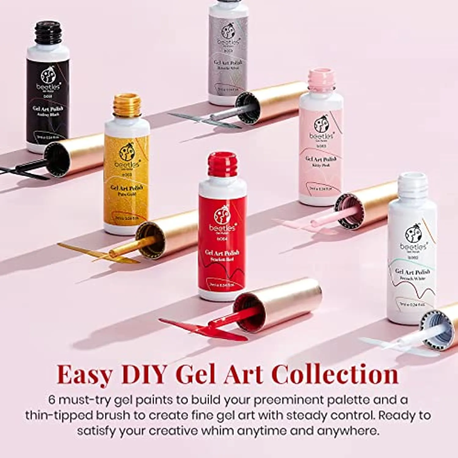 Beetles Gel Polish Nail Art Gel Liner Set-6 Popular Black White Red Colors Gel Art Paint for Swirl Nails Built Thin Nail Art Brush in Bottle Gel Pens Soak off Gold Silver Glitters Nail Art Gel