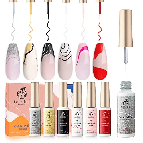 Beetles Gel Polish Nail Art Gel Liner Set-6 Popular Black White Red Colors Gel Art Paint for Swirl Nails Built Thin Nail Art Brush in Bottle Gel Pens Soak off Gold Silver Glitters Nail Art Gel