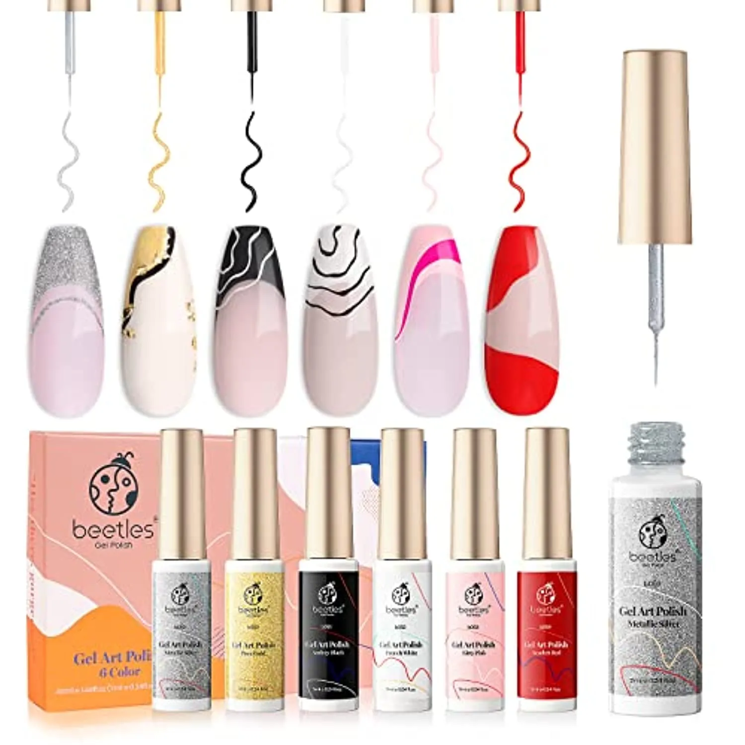 Beetles Gel Polish Nail Art Gel Liner Set-6 Popular Black White Red Colors Gel Art Paint for Swirl Nails Built Thin Nail Art Brush in Bottle Gel Pens Soak off Gold Silver Glitters Nail Art Gel