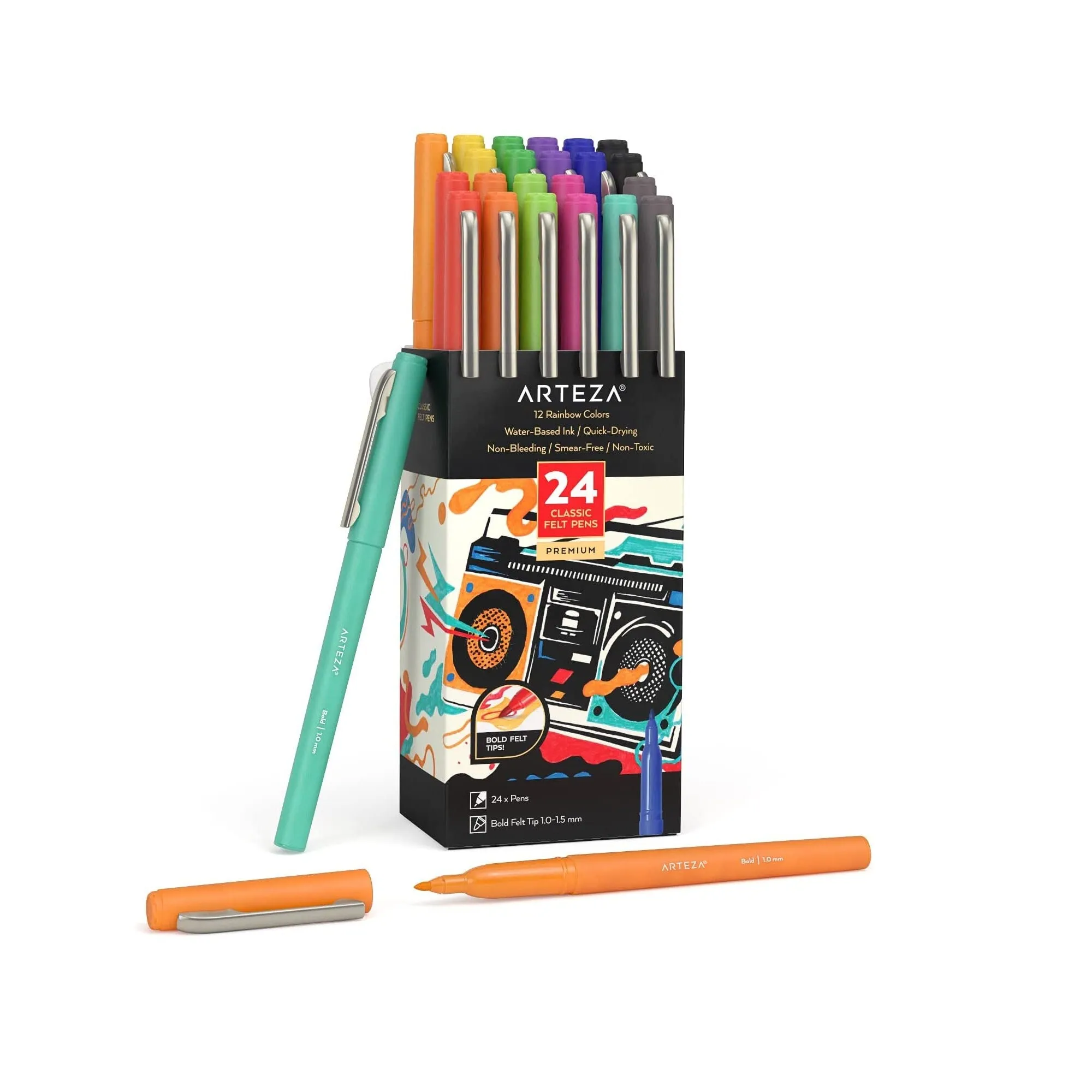 Felt Tip Pens | Set of 24 | 1.0–1.5 mm Fiber Tip