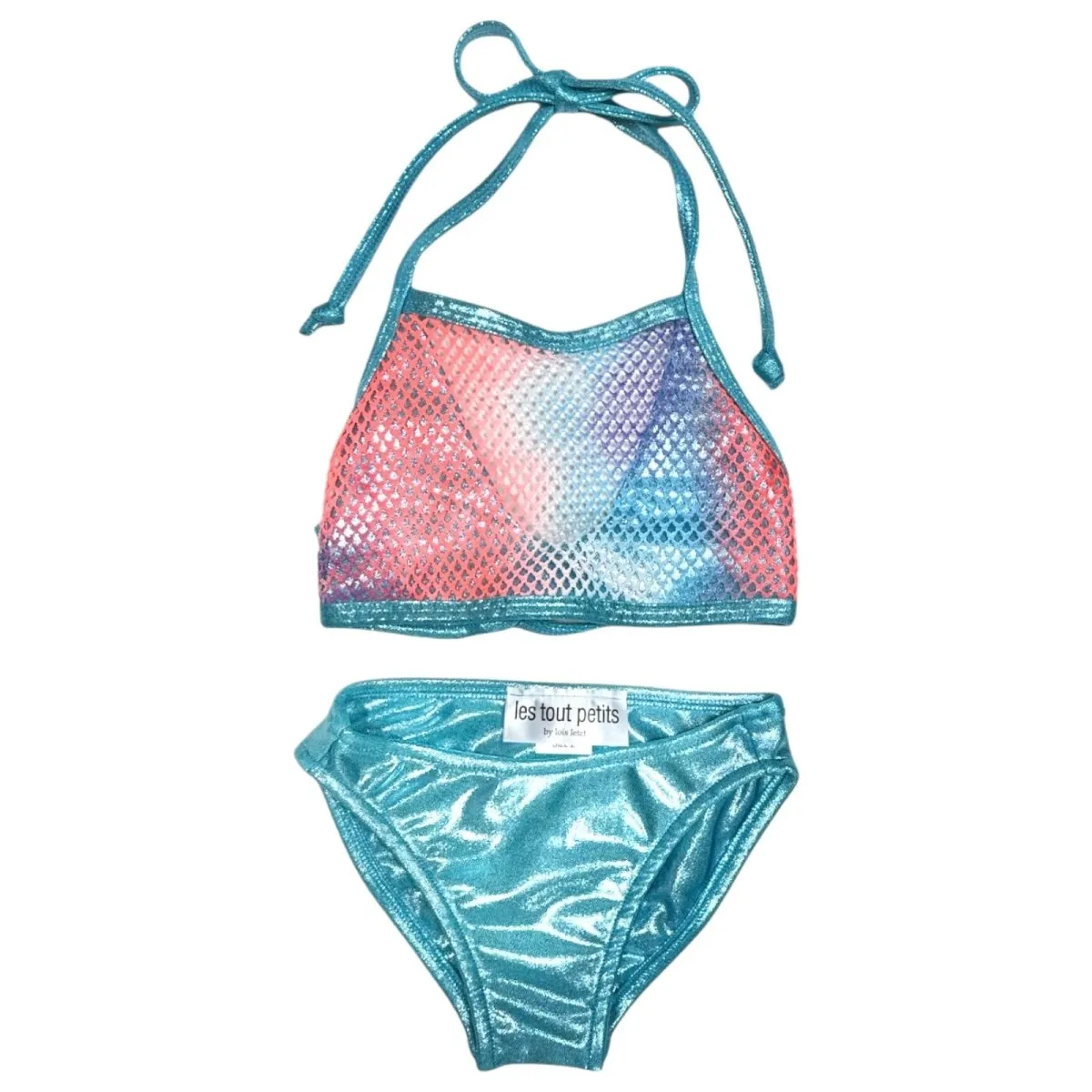 GLITTER NET TIE DYE HALTER TWO PIECE BIKINI W/ METALLIC TRIM
