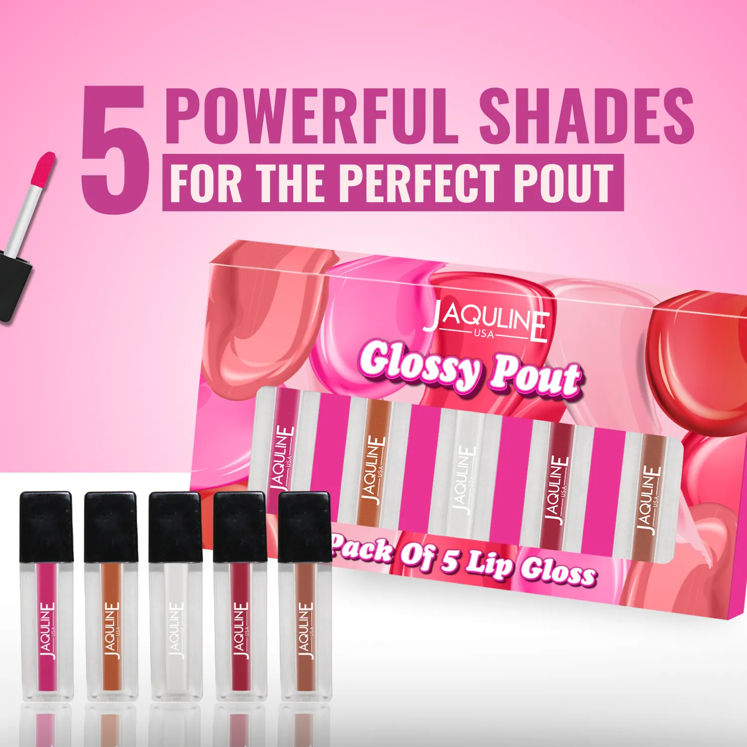 Jaquline USA Glossy Pout, Lip Gloss, Long Lasting Hydration, Moisturizes Lips, Smooth Texture, Pack of 5- 1.2ml each