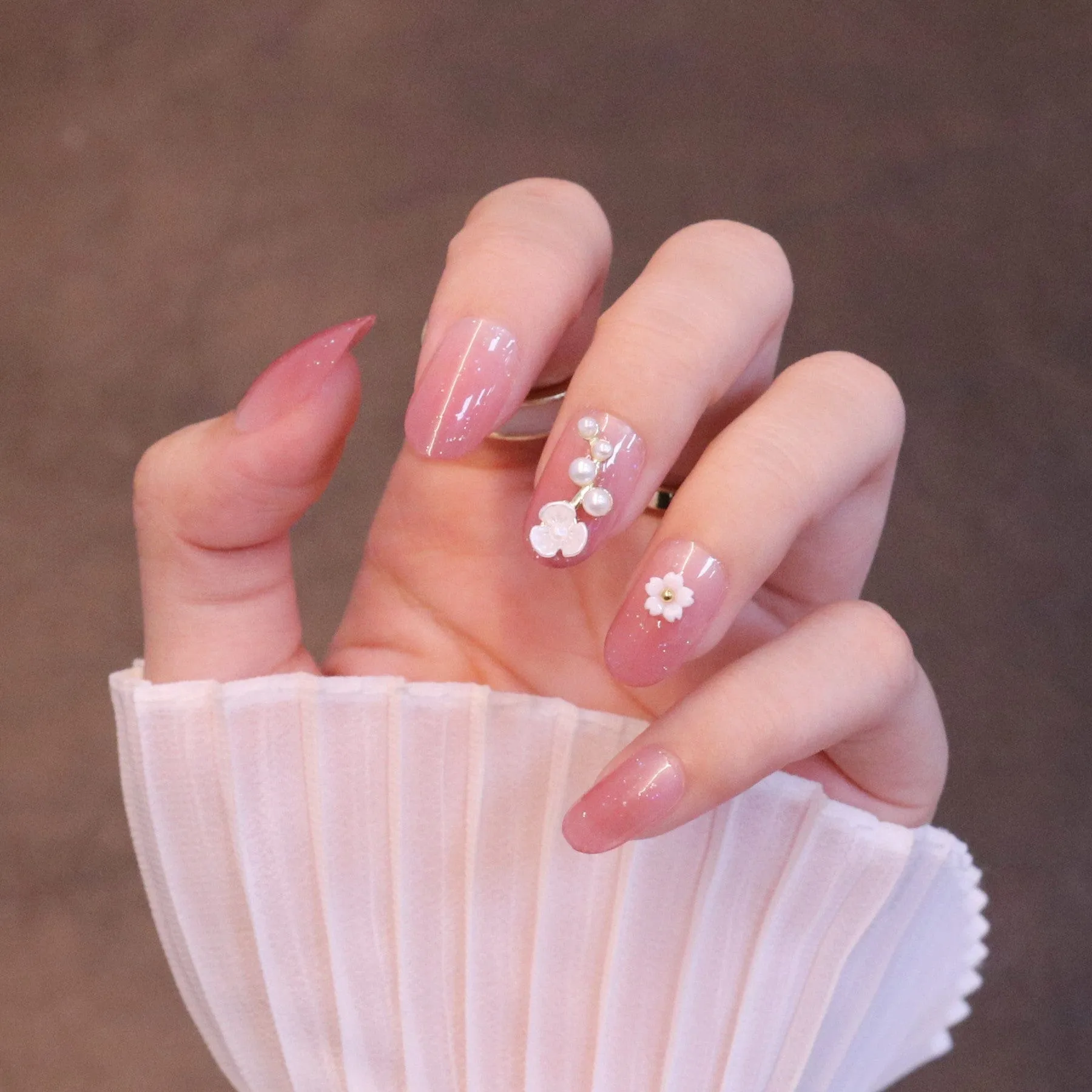 Medium Rounded Baby Pink Press On Nails with Flower and Pearl Charms