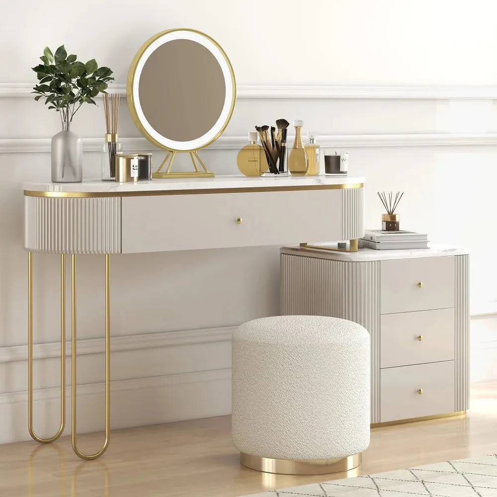 Modern Makeup Vanity Table With Side Cabinet 4 Drawers & Faux Marble Top In White