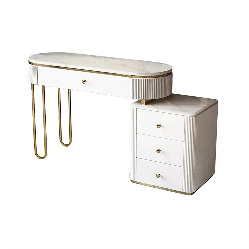 Modern Makeup Vanity Table With Side Cabinet 4 Drawers & Faux Marble Top In White