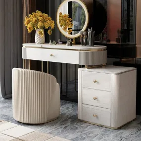 Modern Makeup Vanity Table With Side Cabinet 4 Drawers & Faux Marble Top In White