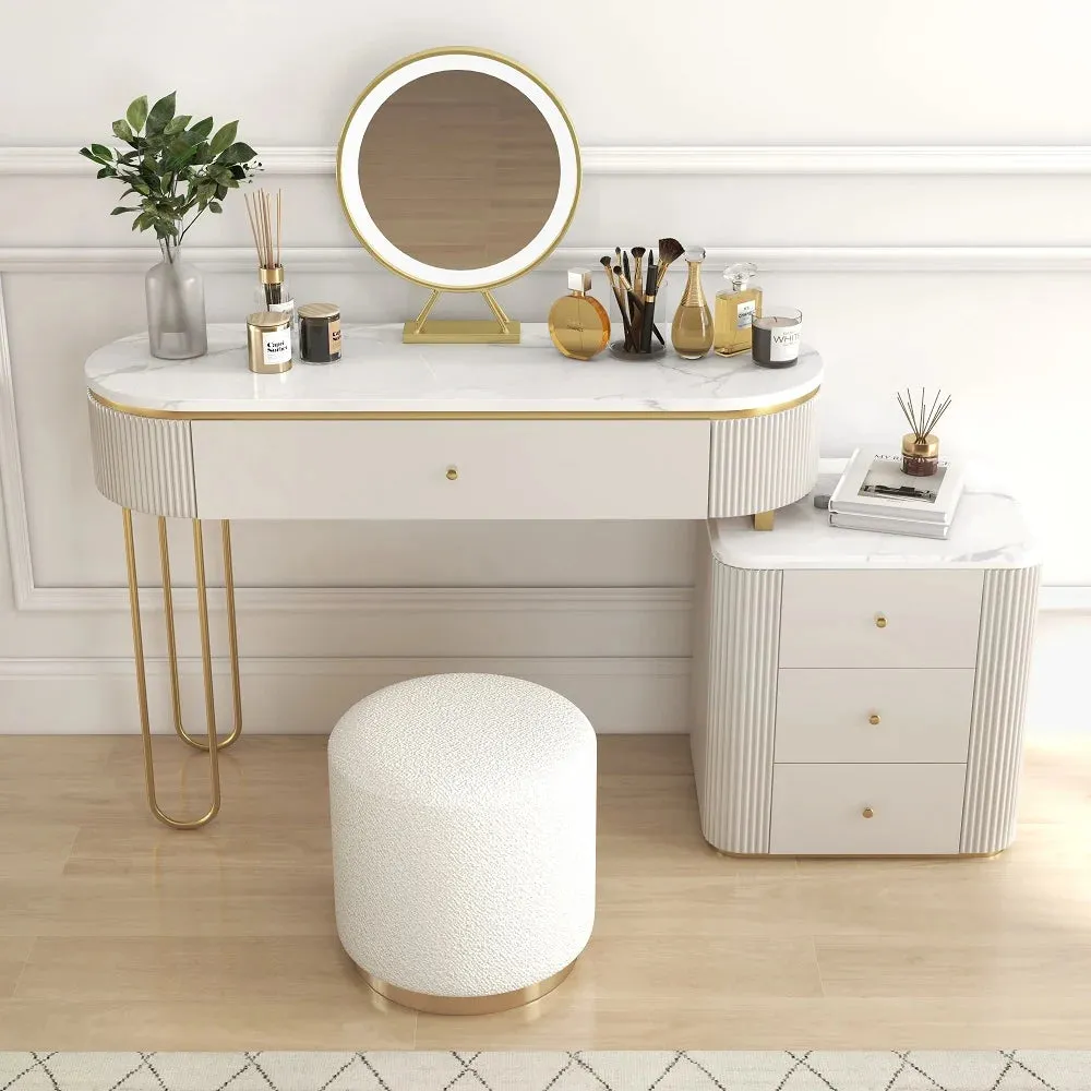Modern Makeup Vanity Table With Side Cabinet 4 Drawers & Faux Marble Top In White