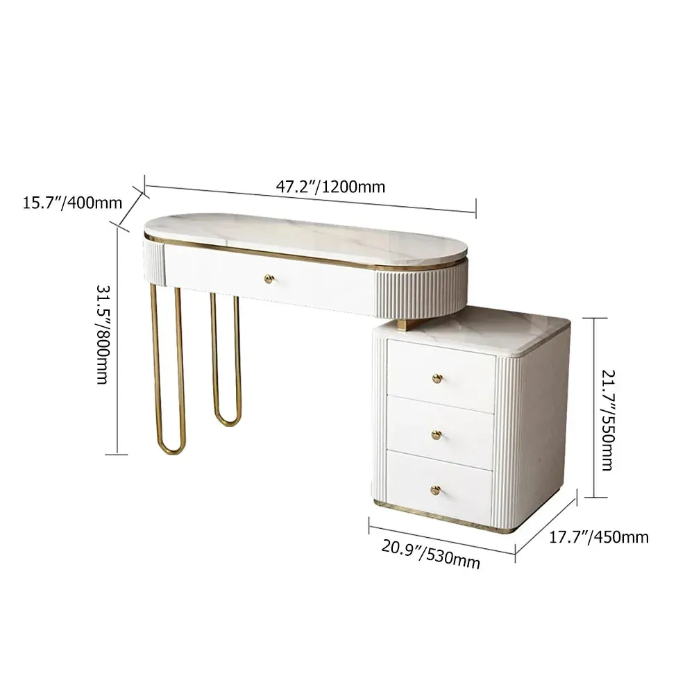 Modern Makeup Vanity Table With Side Cabinet 4 Drawers & Faux Marble Top In White