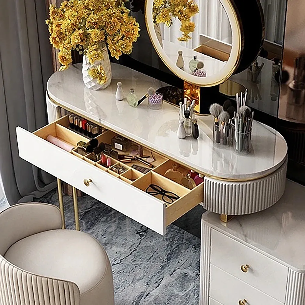 Modern Makeup Vanity Table With Side Cabinet 4 Drawers & Faux Marble Top In White