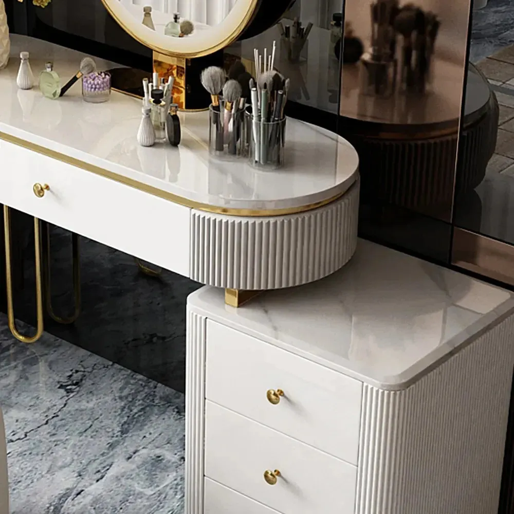 Modern Makeup Vanity Table With Side Cabinet 4 Drawers & Faux Marble Top In White