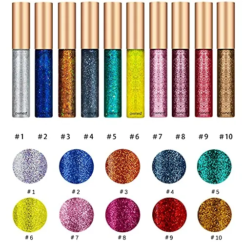 Ownest 10 Colors Liquid Glitter Eyeliner Set, Metallic Shimmer Glitter Eyeshadow, Long Lasting Waterproof Shimmer Sparkling Eyeliner Eye Shadow-10pcs(B)