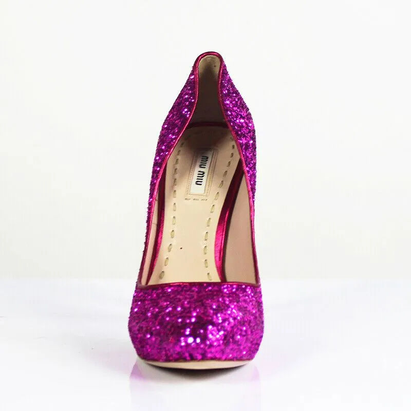 Sz 39.5 US 9 NEW $690 MIU MIU RUNWAY Hot Pink GLITTER Sparkle HIGH HEELS PUMPS