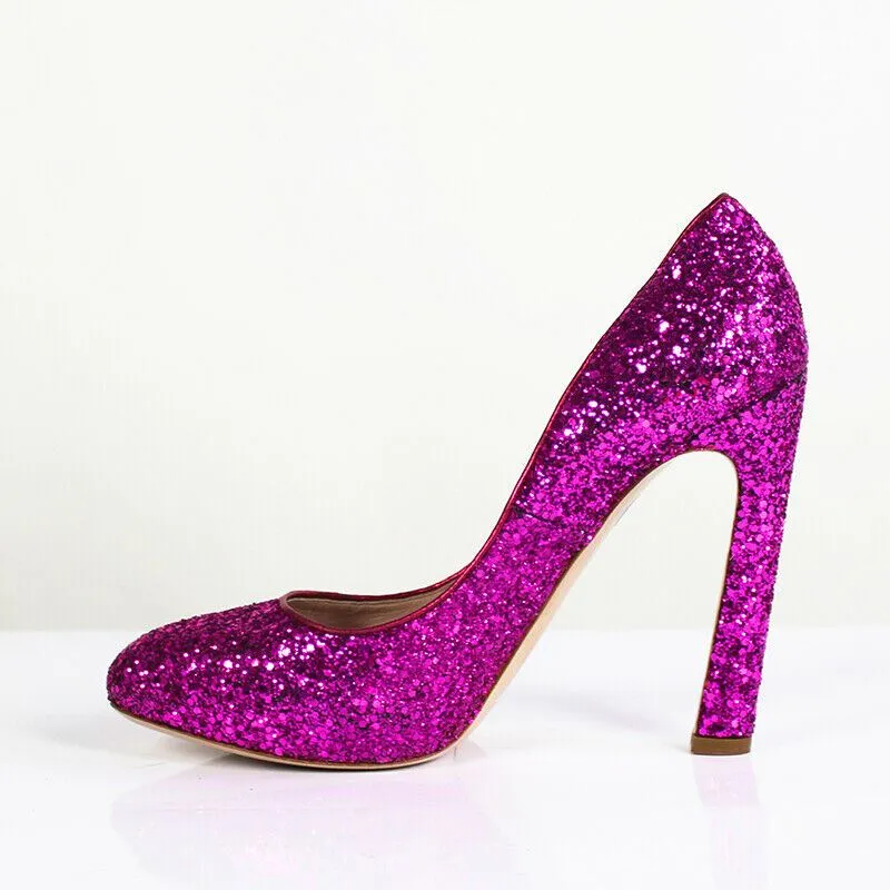 Sz 39.5 US 9 NEW $690 MIU MIU RUNWAY Hot Pink GLITTER Sparkle HIGH HEELS PUMPS