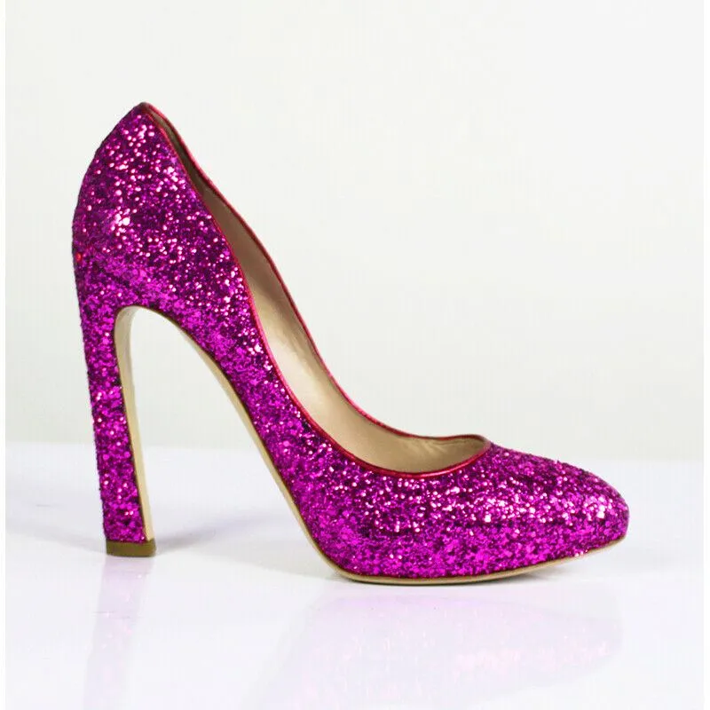 Sz 39.5 US 9 NEW $690 MIU MIU RUNWAY Hot Pink GLITTER Sparkle HIGH HEELS PUMPS