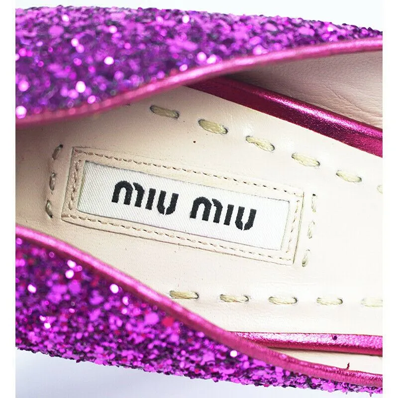 Sz 39.5 US 9 NEW $690 MIU MIU RUNWAY Hot Pink GLITTER Sparkle HIGH HEELS PUMPS