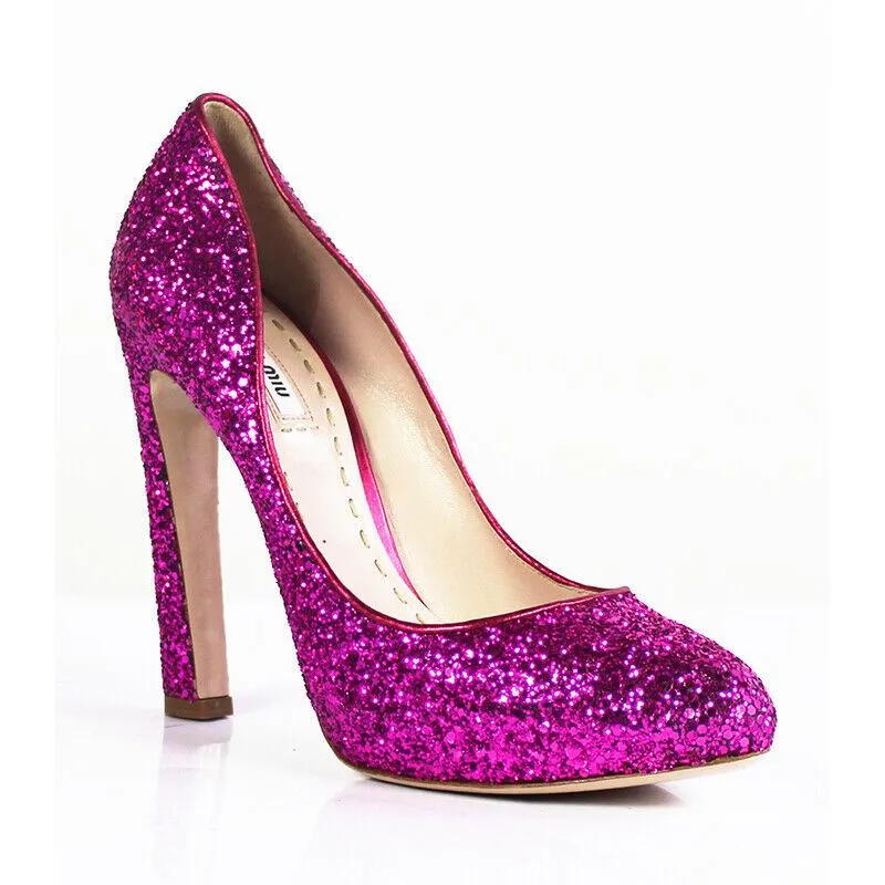 Sz 39.5 US 9 NEW $690 MIU MIU RUNWAY Hot Pink GLITTER Sparkle HIGH HEELS PUMPS